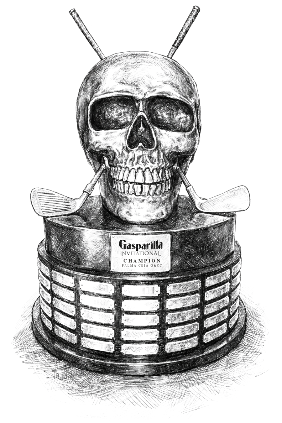 The Gasparilla Invitational Champions trophy, engraved with the names of past champions.